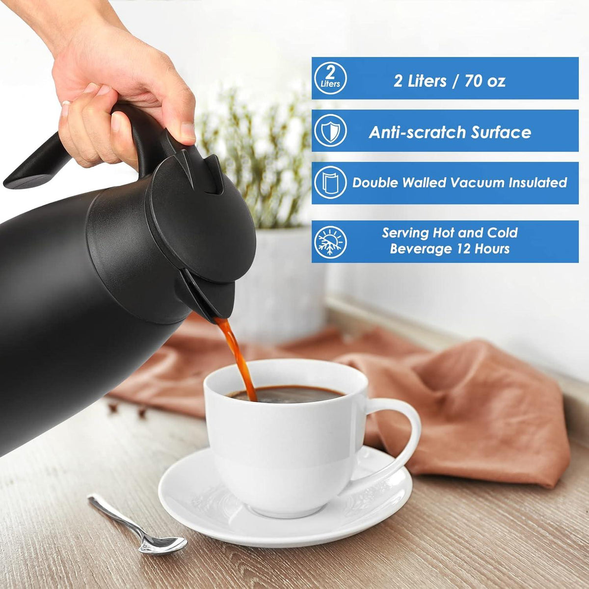 2L Edelstahl Isolierkanne Teekanne Thermoskanne Schwarz