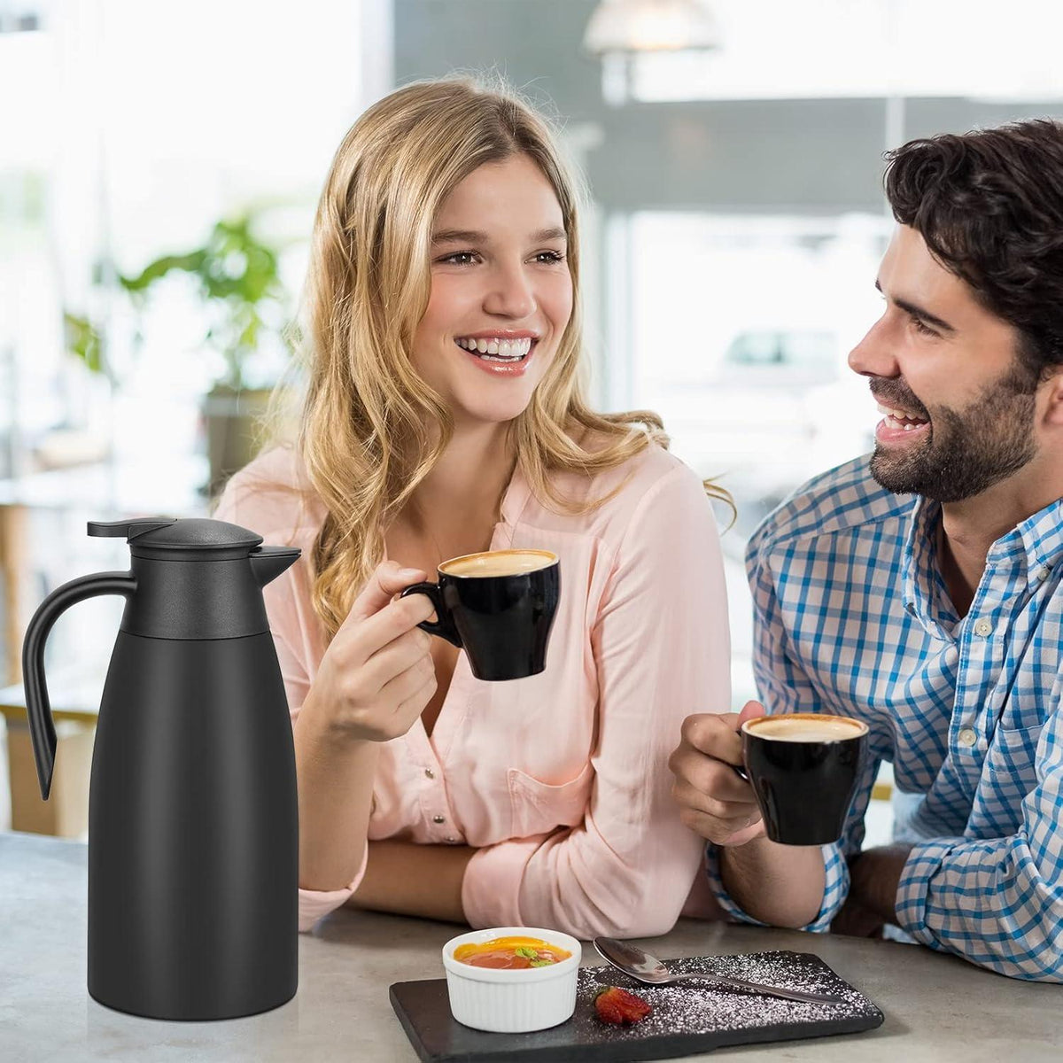2 Liter Edelstahl Isolierkanne Teekanne Schwarz Vakuum Thermoskanne