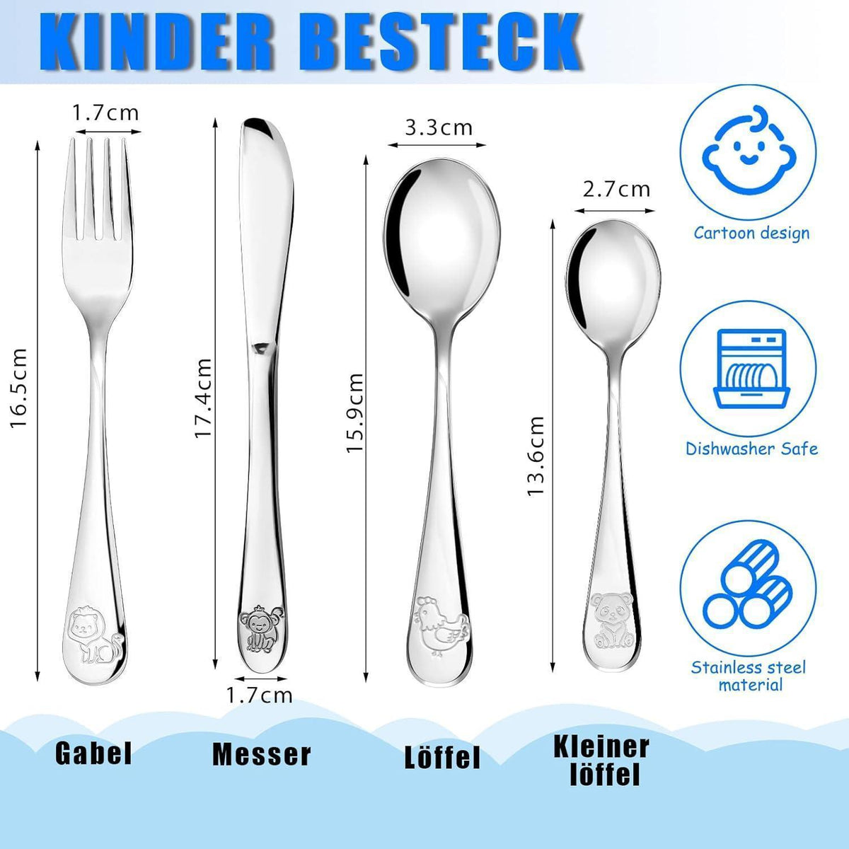Kinderbesteck Set 4-teilig Edelstahl Tiere – Geschenk für Kinder