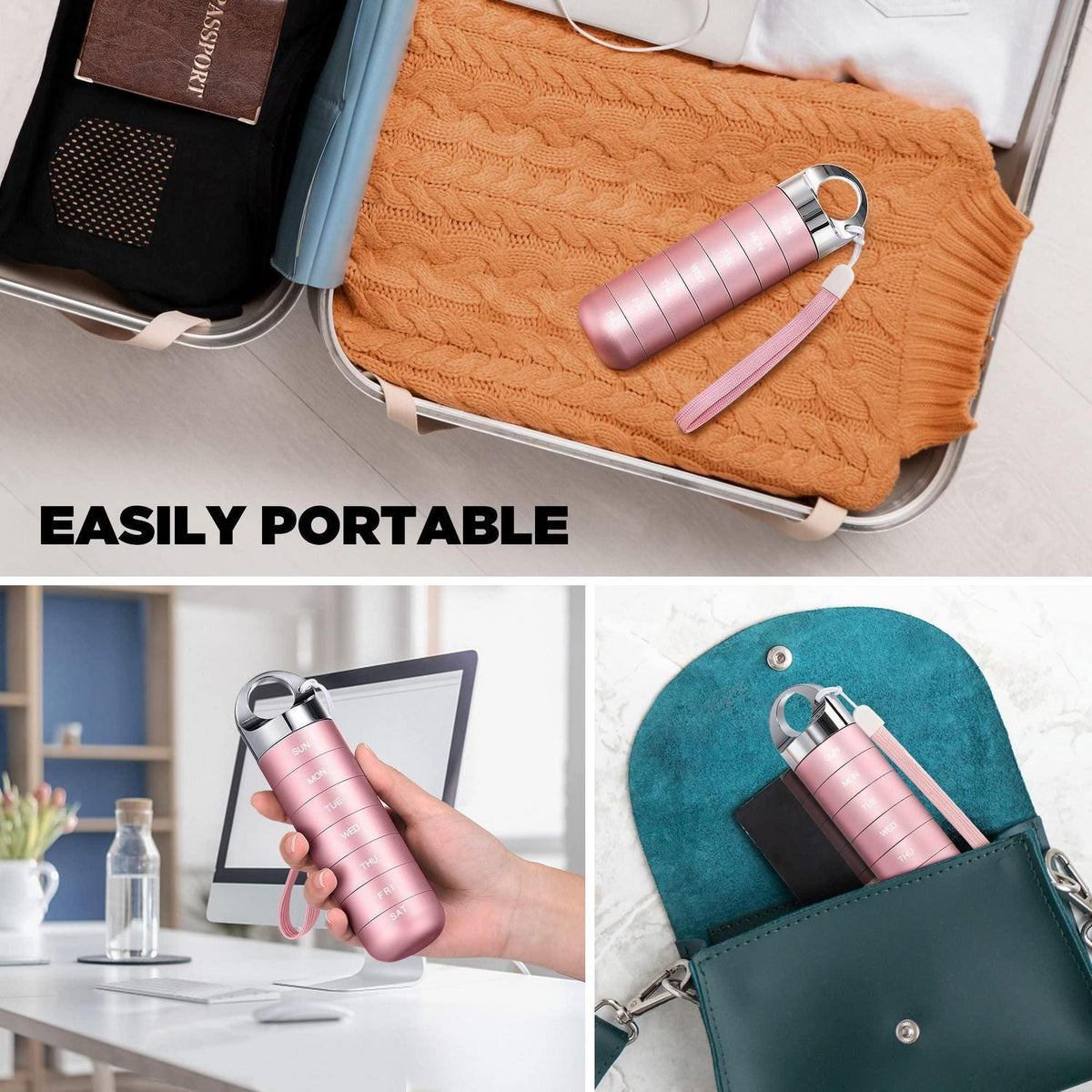 Tablettenbox 7 Tage – Wasserdichte Pillendose aus Aluminium Rosa