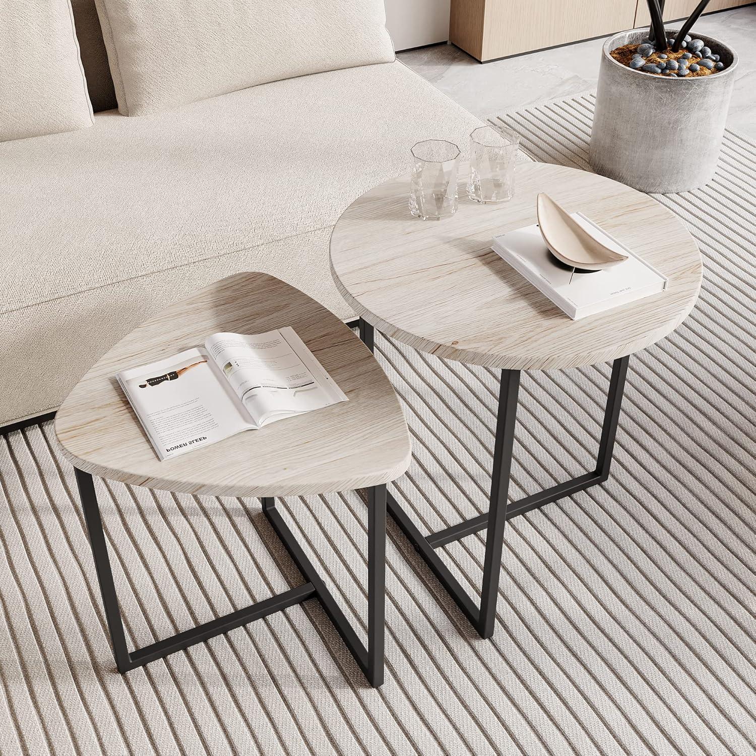 Runder Couchtisch 2er-Set stapelbare Beistelltische Holz-Metallgestell