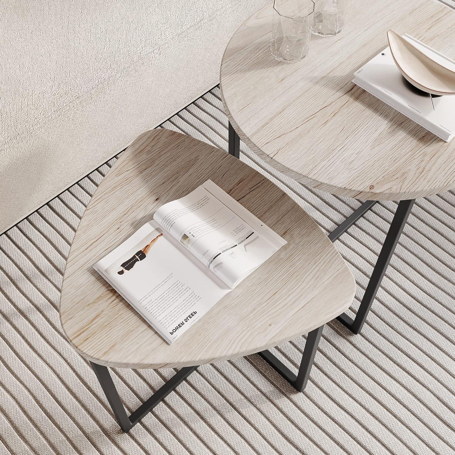 HOJINLINERO Runder Couchtisch 2er-Set Metall Holz stapelbar