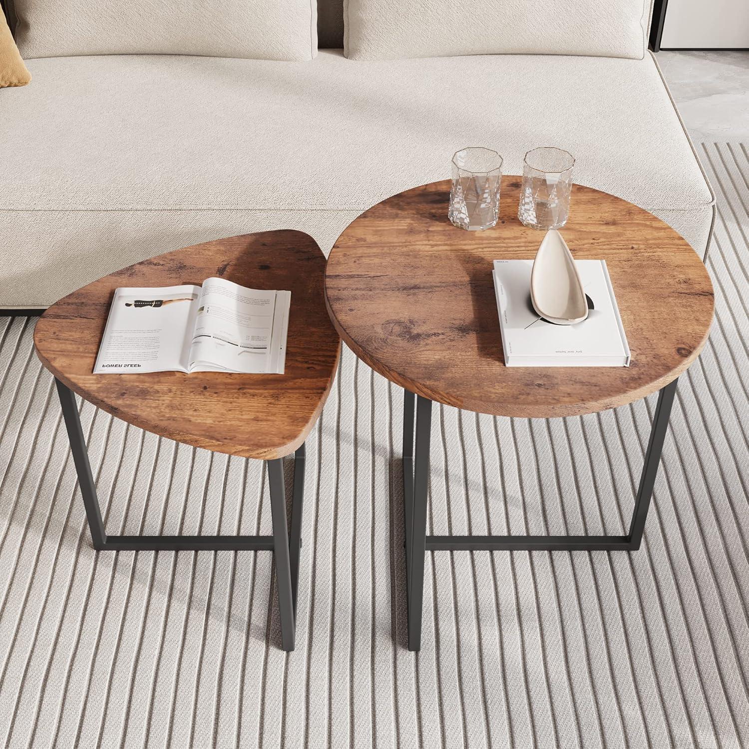 Runder Couchtisch 2er-Set Holzoptik Metallrahmen Beistelltisch