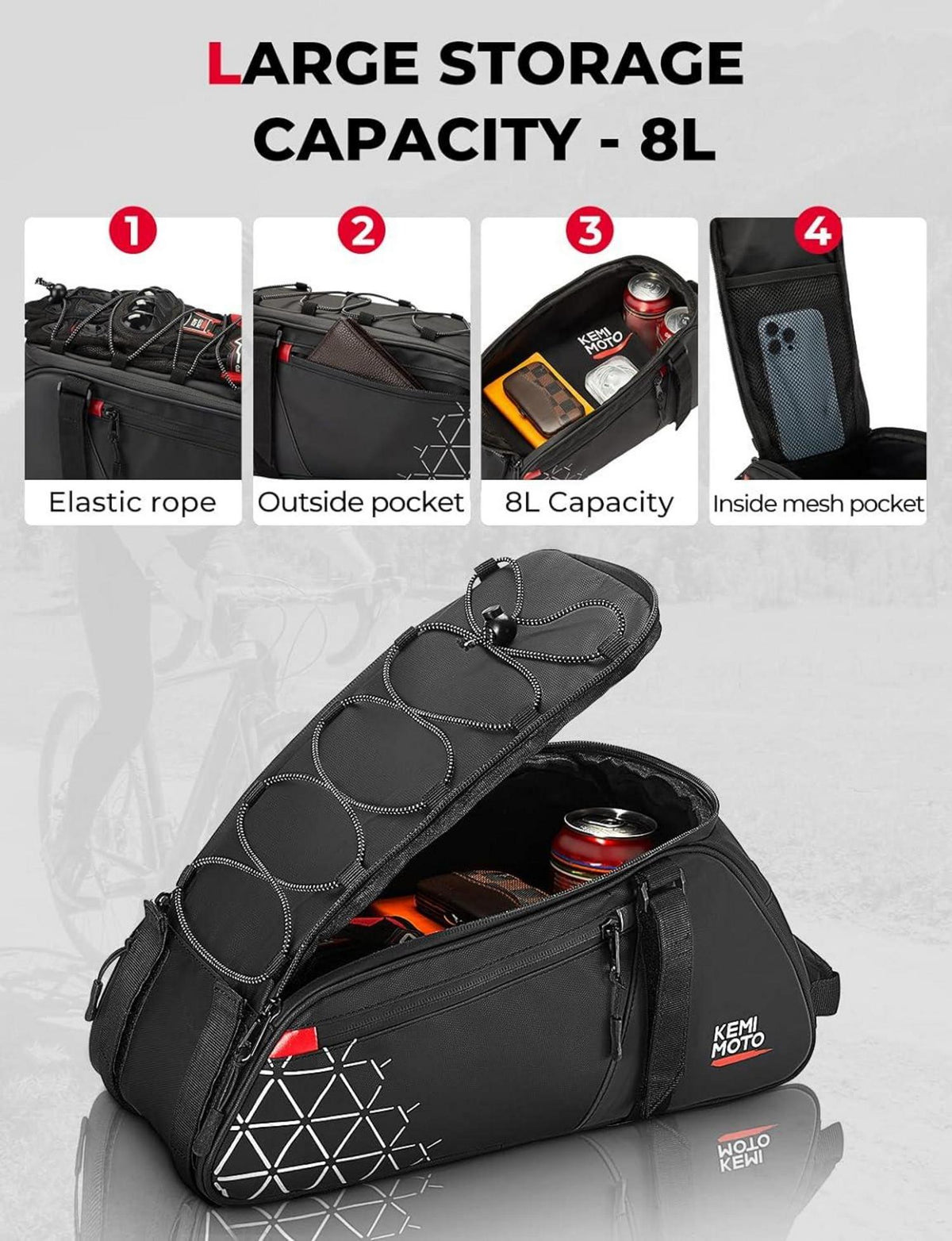 8L Wasserdichte Gepäckträgertasche für Fahrrad - Reflektierender Streifen - Mehrere Fächer - Tragegriff und Schultergurt - Schwarz
