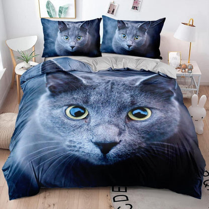 Bettwäsche 135x200 Britisch Kurzhaar Katzenmotiv 4tlg. Blau Weiß