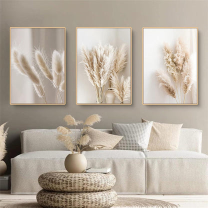 3er Poster Set Schilf – Boho Wandbilder Leinwand Beige