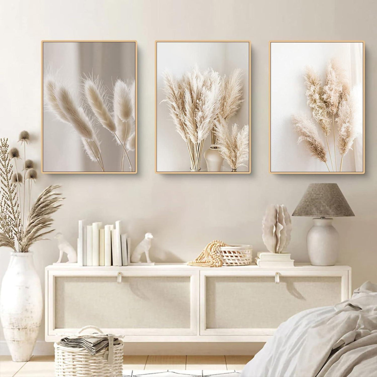 3er Poster Set Schilf – Boho Wandbilder Leinwand Beige