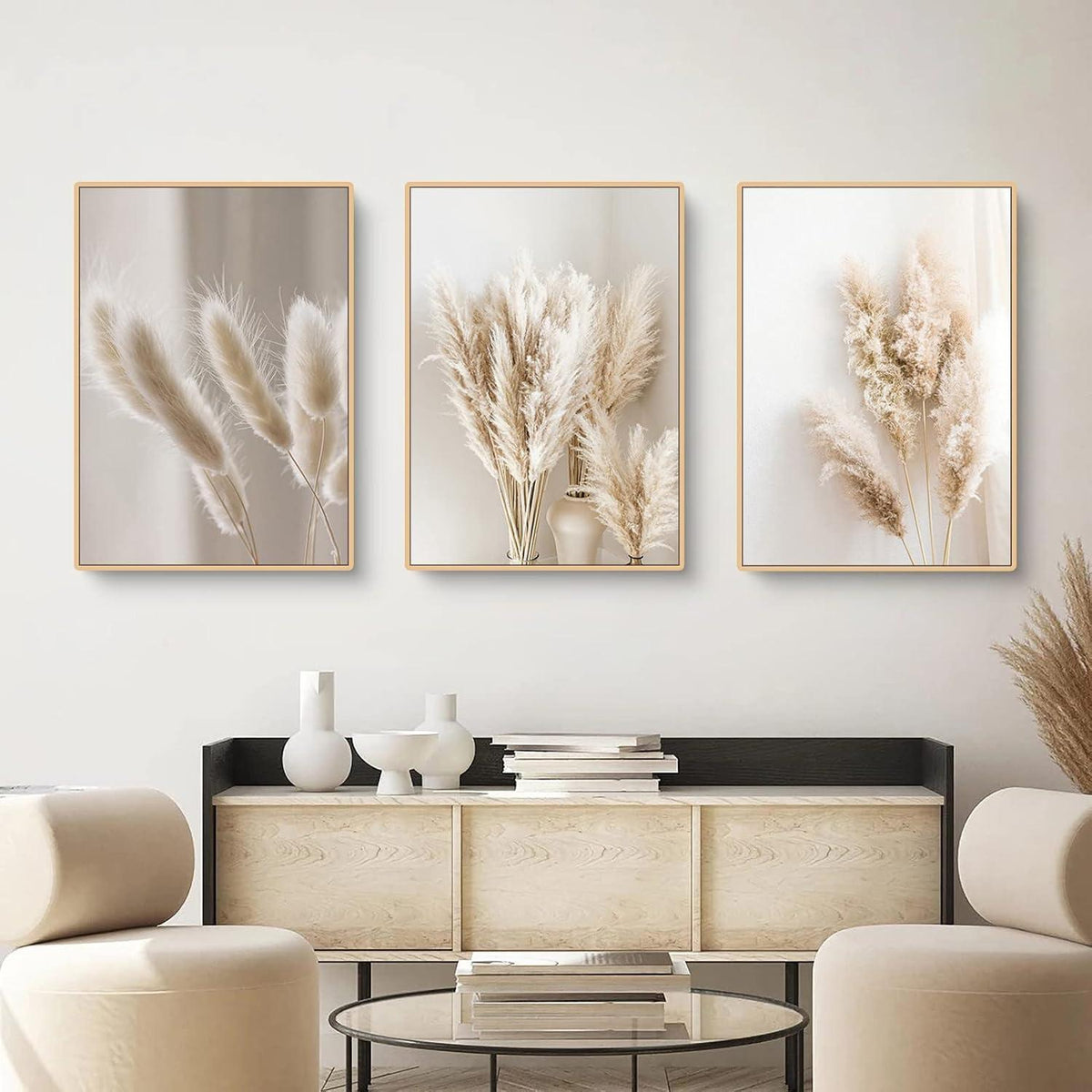 3er Poster Set Schilf – Boho Wandbilder Leinwand Beige
