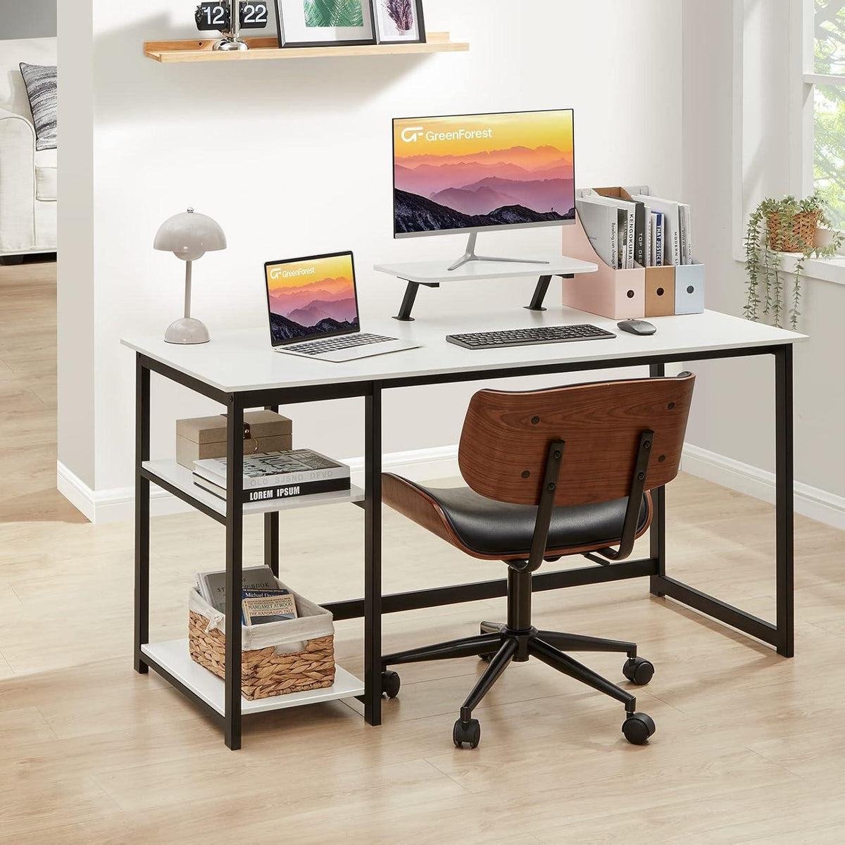 Schreibtisch 120cm Weiß mit Stauraum und Monitorständer