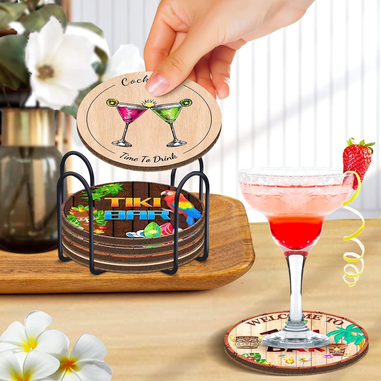 6er Set Getränkeuntersetzer mit Korkboden und Halterung, lustige Tiki-Bar-Designs