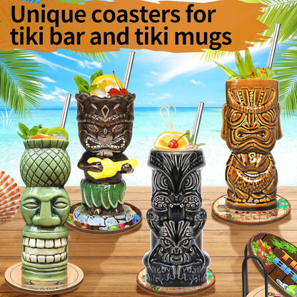 6er Set lustige Tiki-Bar Getränkeuntersetzer mit Korkboden