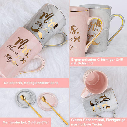 Hochzeitsgeschenk Tassen für Brautpaar Personalisiert, Rosa/Grau