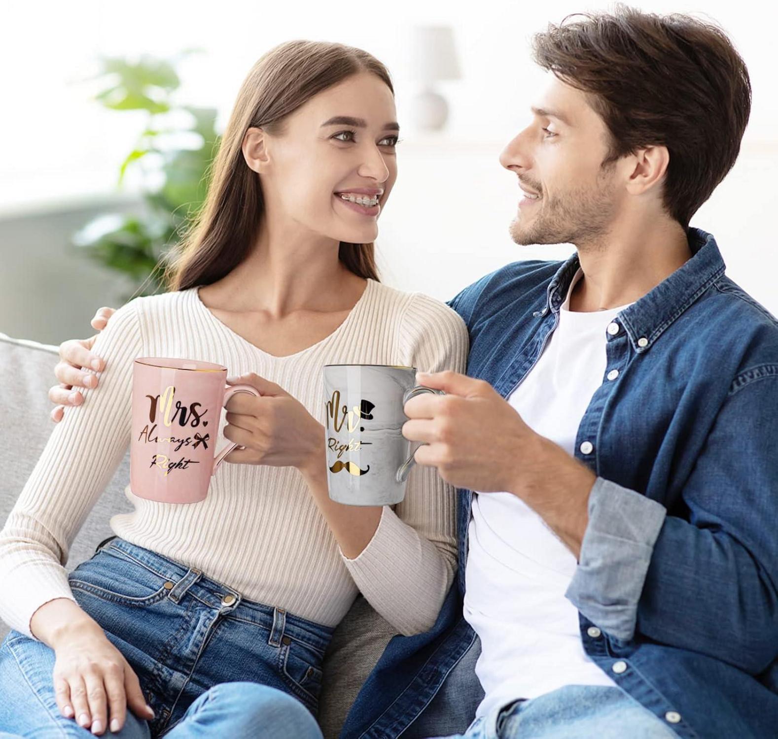 Personalisierte Hochzeitstassen für Brautpaar, Rosa/Grau - Geschenkset