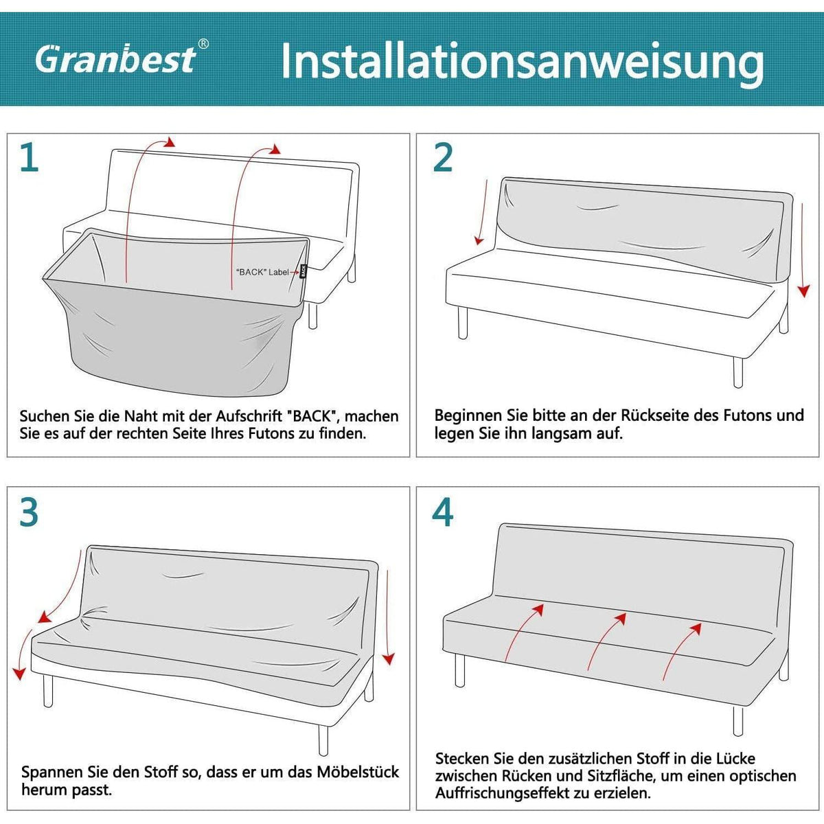 Wasserdichte Futon Abdeckung ohne Armlehnen – Stretch Sofabezug Schwarz
