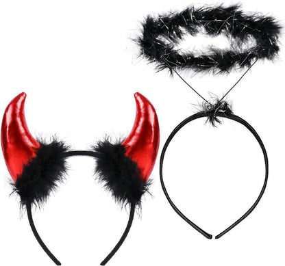 Teufelshörner und Heiligenschein Haarreifen Set, Schwarz