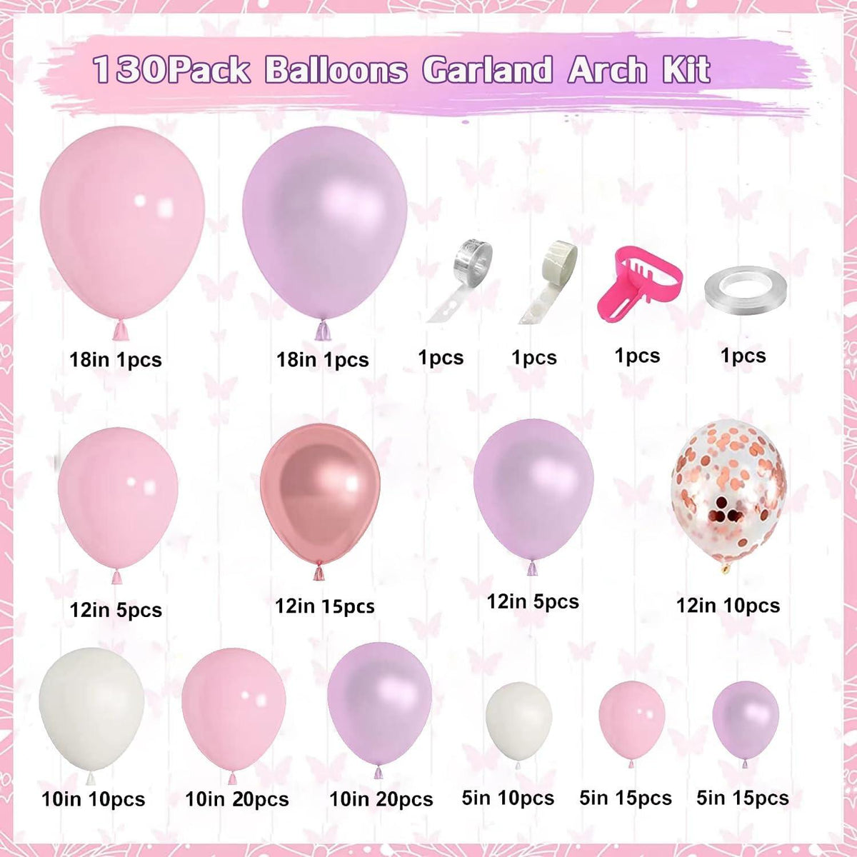 Luftballon Girlande Rosa Lila Weiß Metallic Gold 130 Ballons