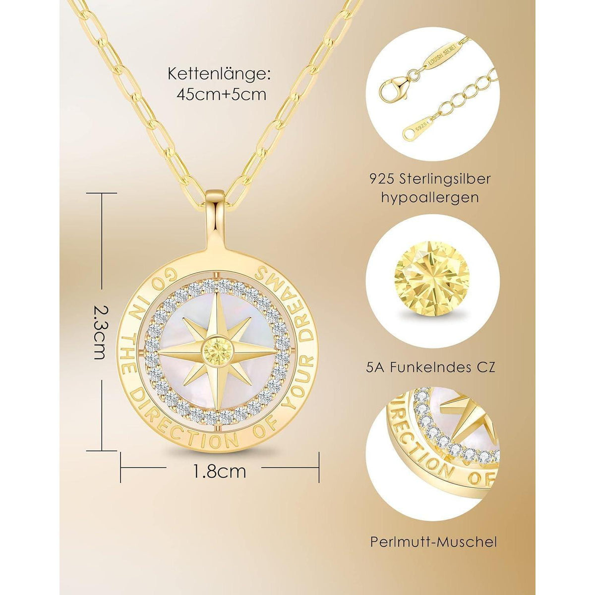 Silber 925 Kompass Halskette Damen mit Zirkonia & Geschenkbox
