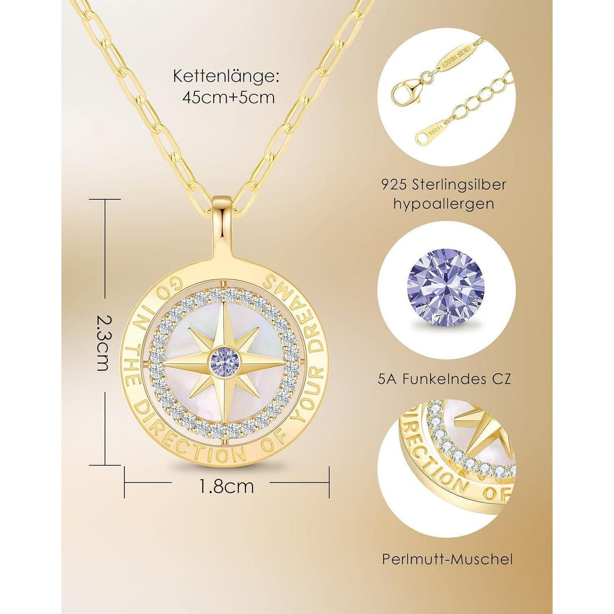Silber 925 Kompass Halskette Damen mit Zirkonia & Geschenkbox