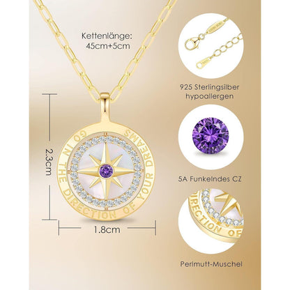 Silber 925 Kompass Halskette Damen mit Zirkonia & Geschenkbox