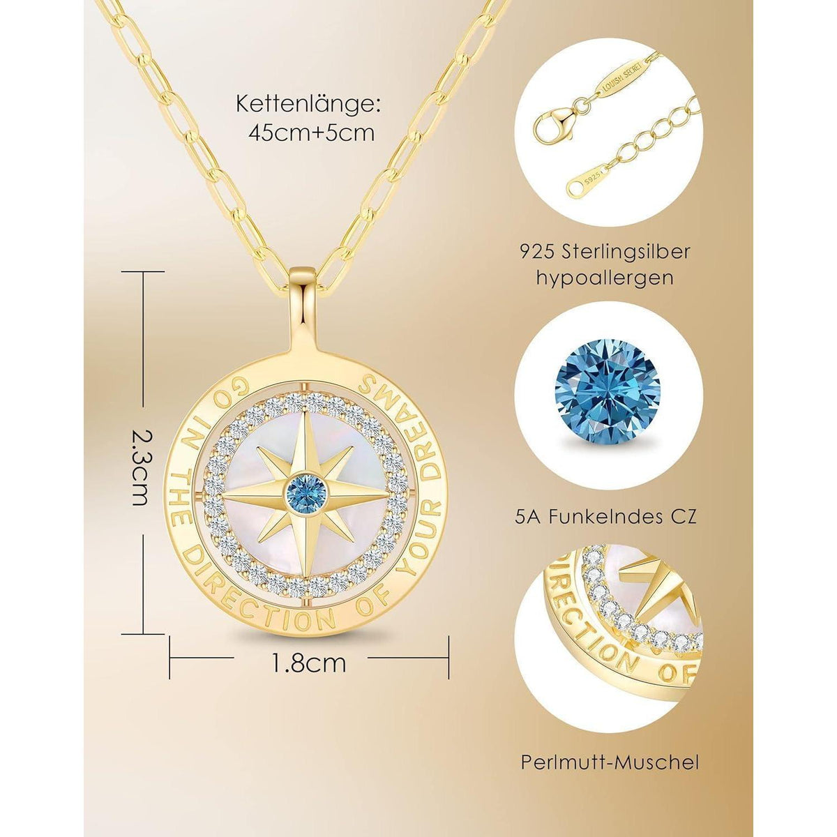 Silber 925 Kompass Halskette Damen mit Zirkonia & Geschenkbox