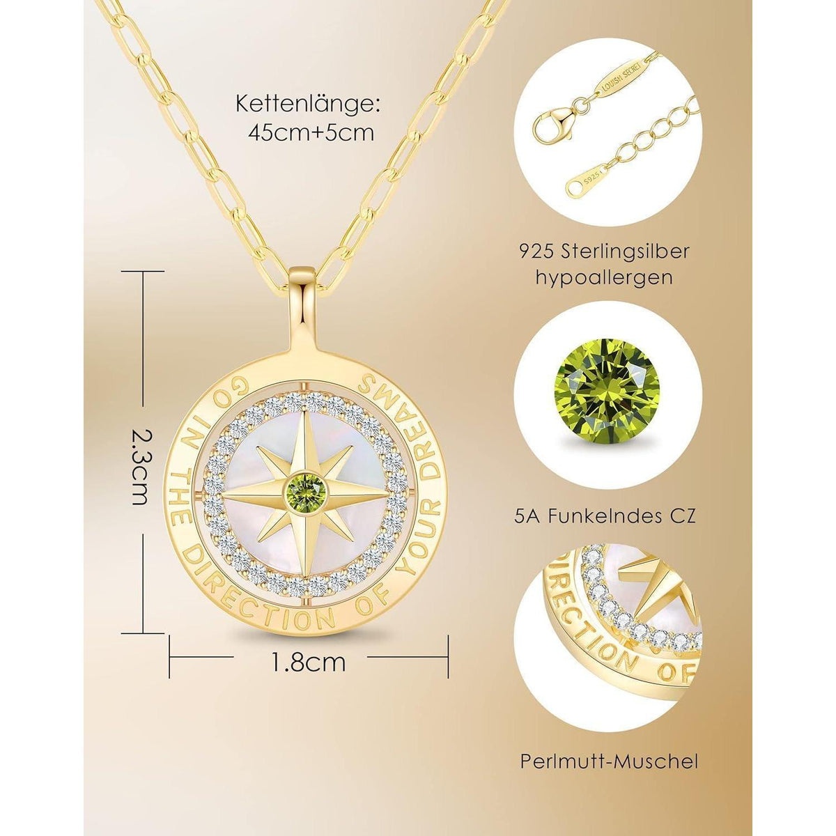 Silber 925 Kompass Halskette Damen mit Zirkonia & Geschenkbox
