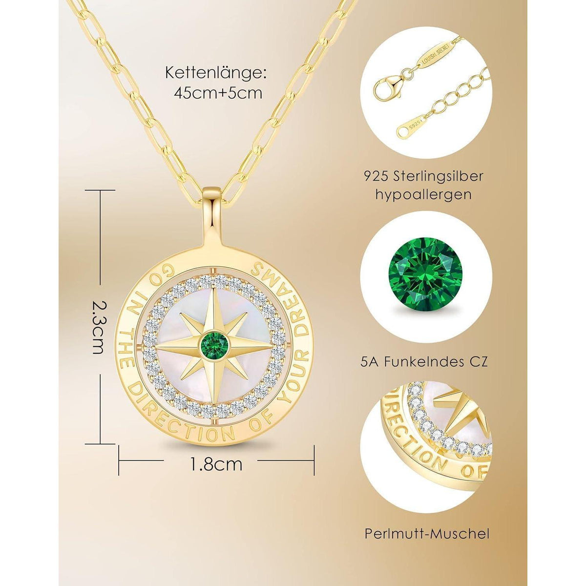 Silber 925 Kompass Halskette Damen mit Zirkonia & Geschenkbox