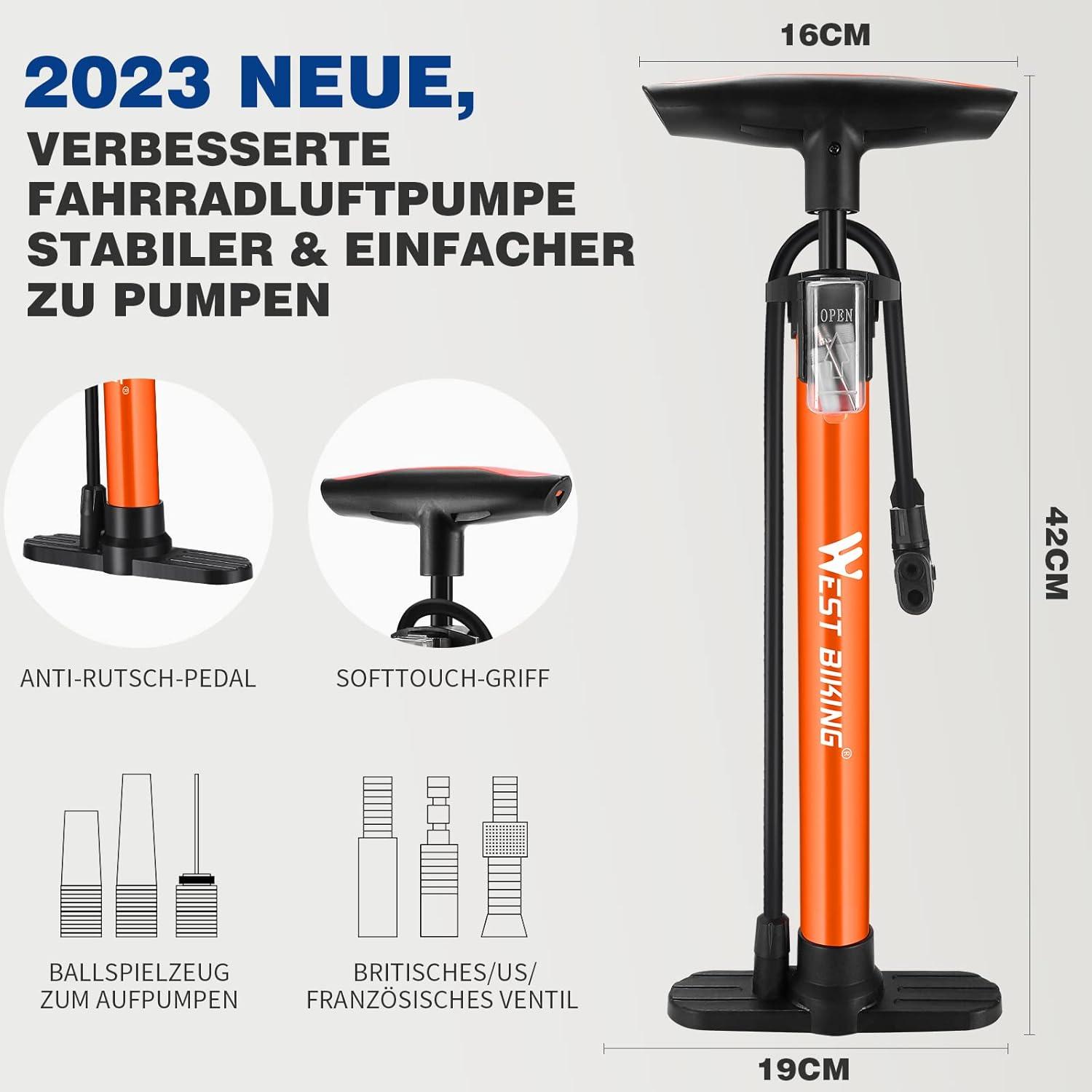 Fahrrad Standluftpumpe 11 Bar/160 Psi für alle Ventile - Adapter Orange