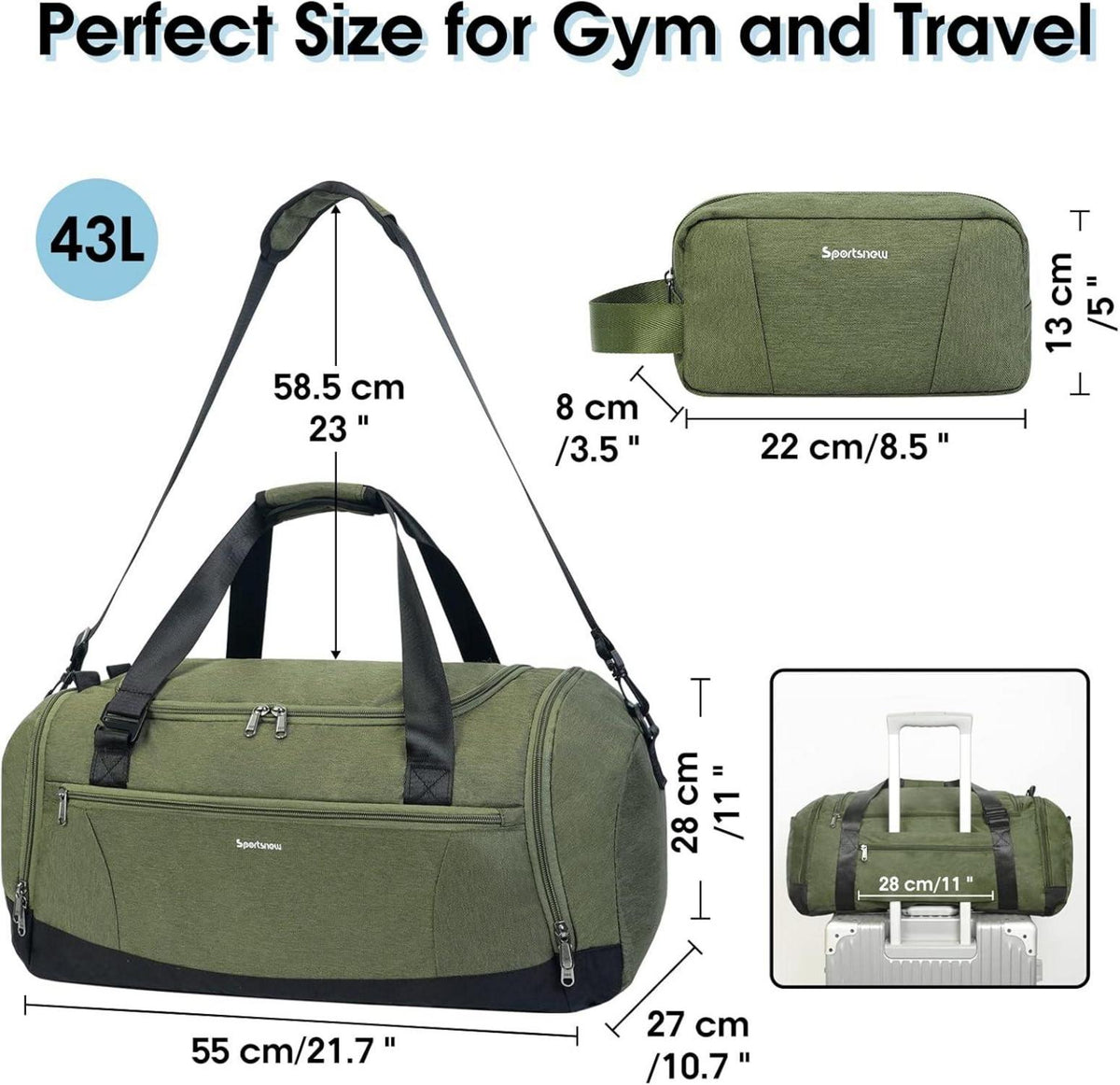 Sporttasche Herren Rucksack Reisetasche Schuhfach Nassfach Kulturbeutel Weekender Damen Trainingstasche Trolley Armeegrün