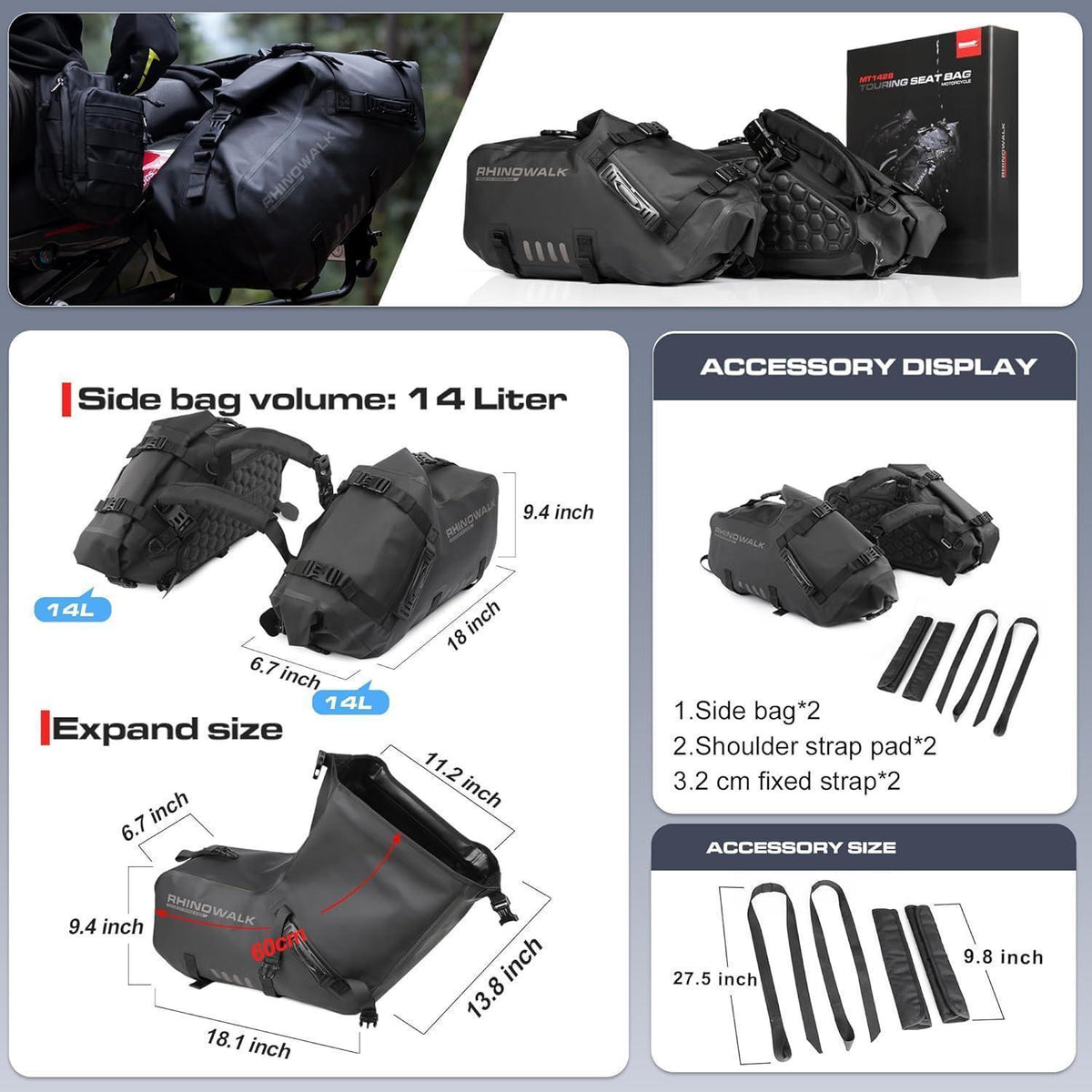 Motorrad Satteltasche 48L Wasserdicht mit Schultergurt Schwarz