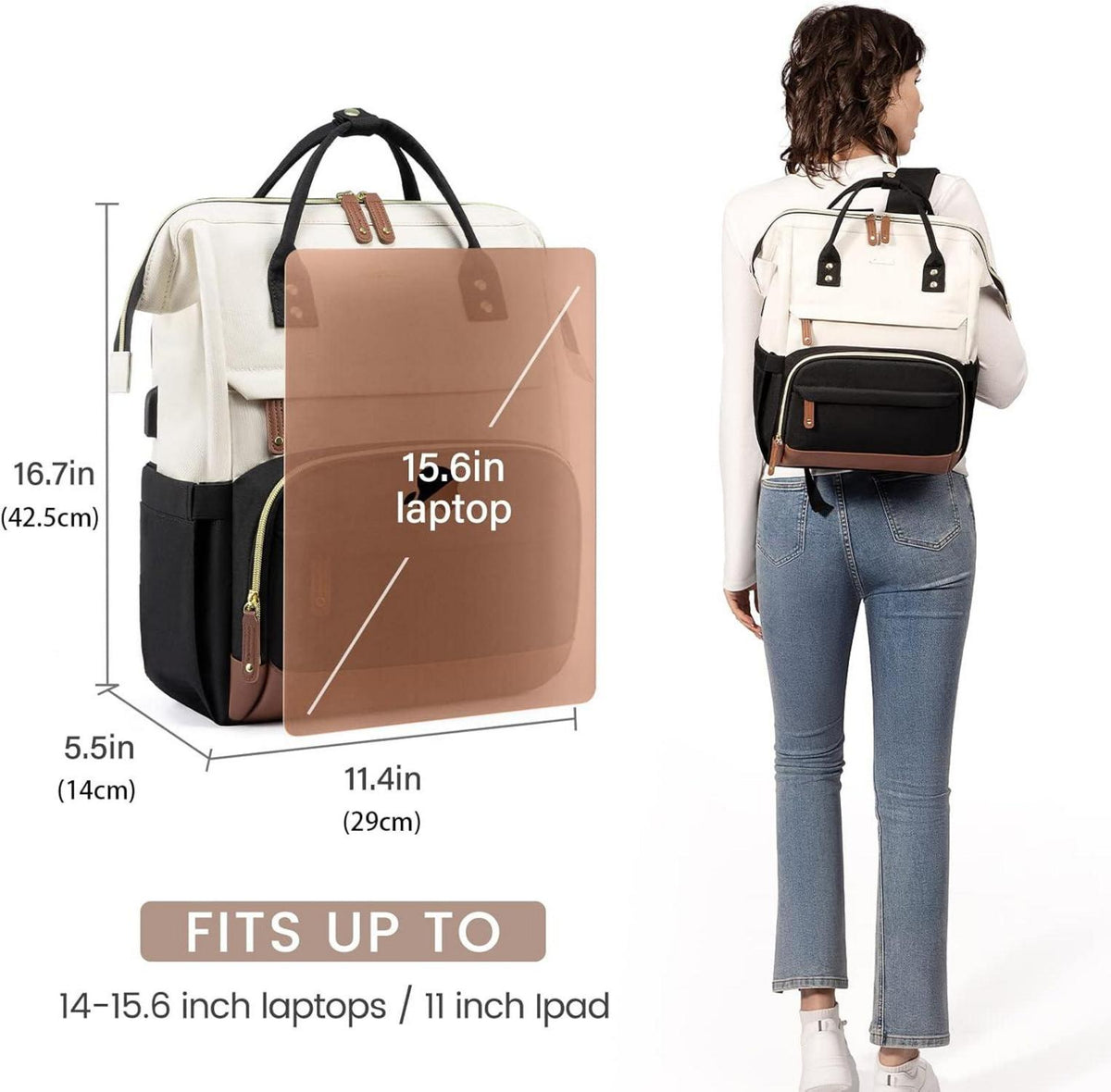 Laptop Rucksack Damen 15.6 Zoll Schulrucksack Schwarz Beige