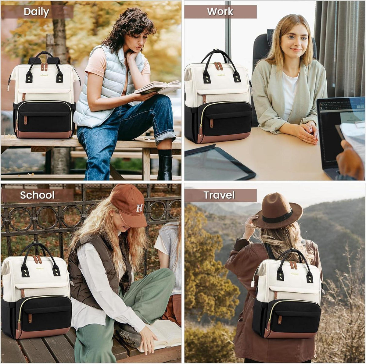 Damen Rucksack 15.6 Zoll Laptop Schulrucksack Backpack Wasserdicht Beige Schwarz