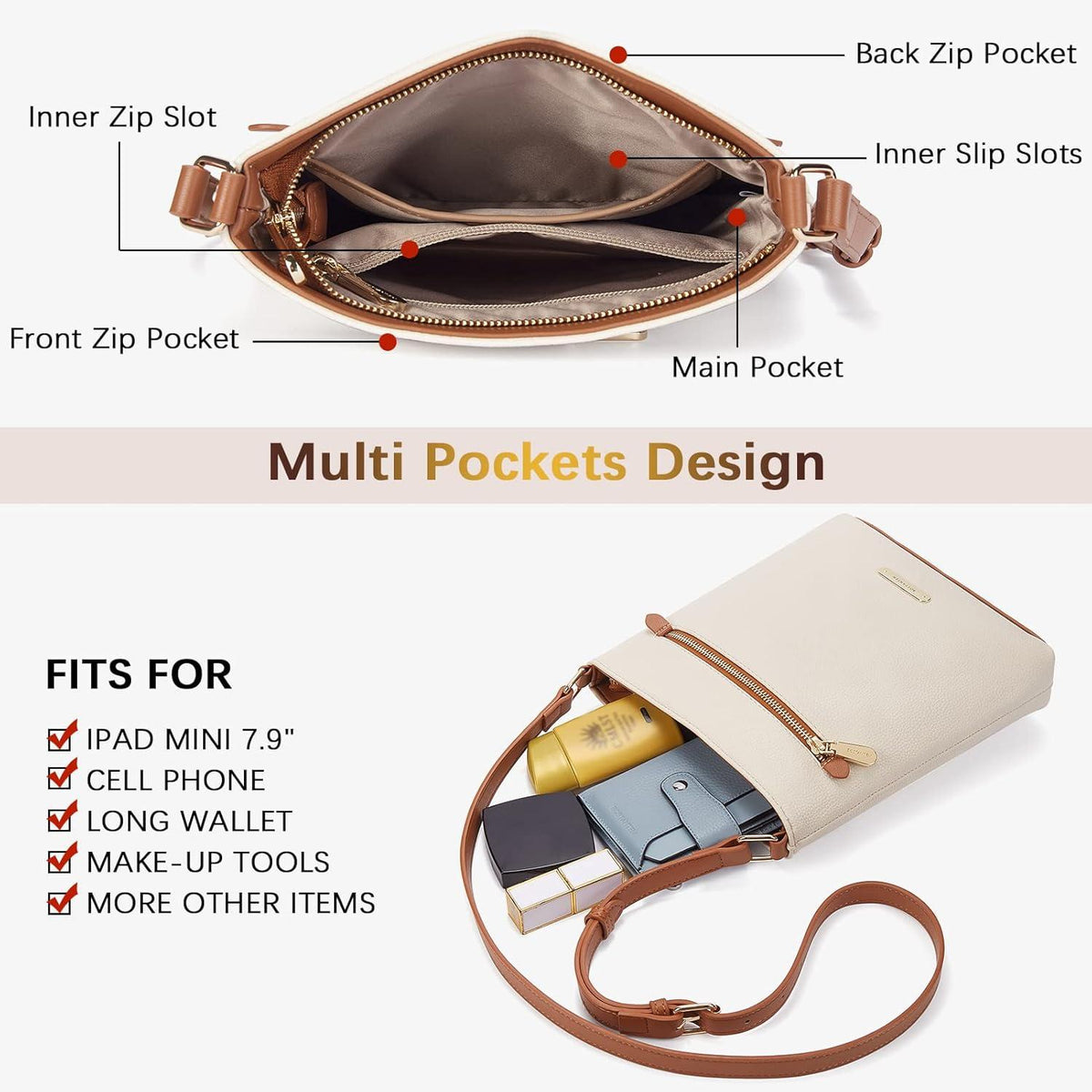 Umhängetasche Damen Mittelgroß PU Leder Crossbody Schultertasche Beige