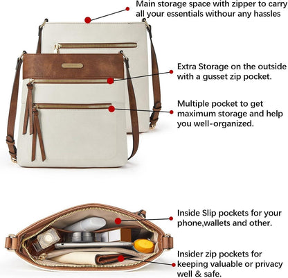 Damen Umhängetasche Mittelgroß Beige Braun Vegan Leder Reißverschluss Taschen