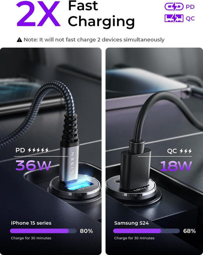 LISEN 2-Pack Zigarettenanzünder USB C Metall KFZ Ladegerät 54W Auto Ladegerat PD QC3.0 12v USB Steckdose Schnellaufladung Black