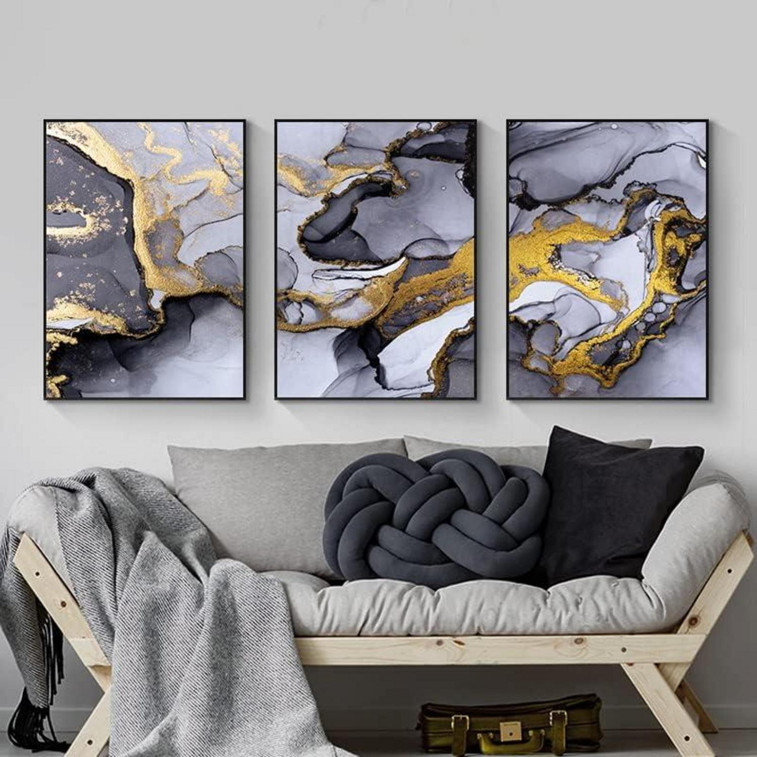 Abstrakte Wandbilder Grau Golden Fluid Art Marmor Leinwand
