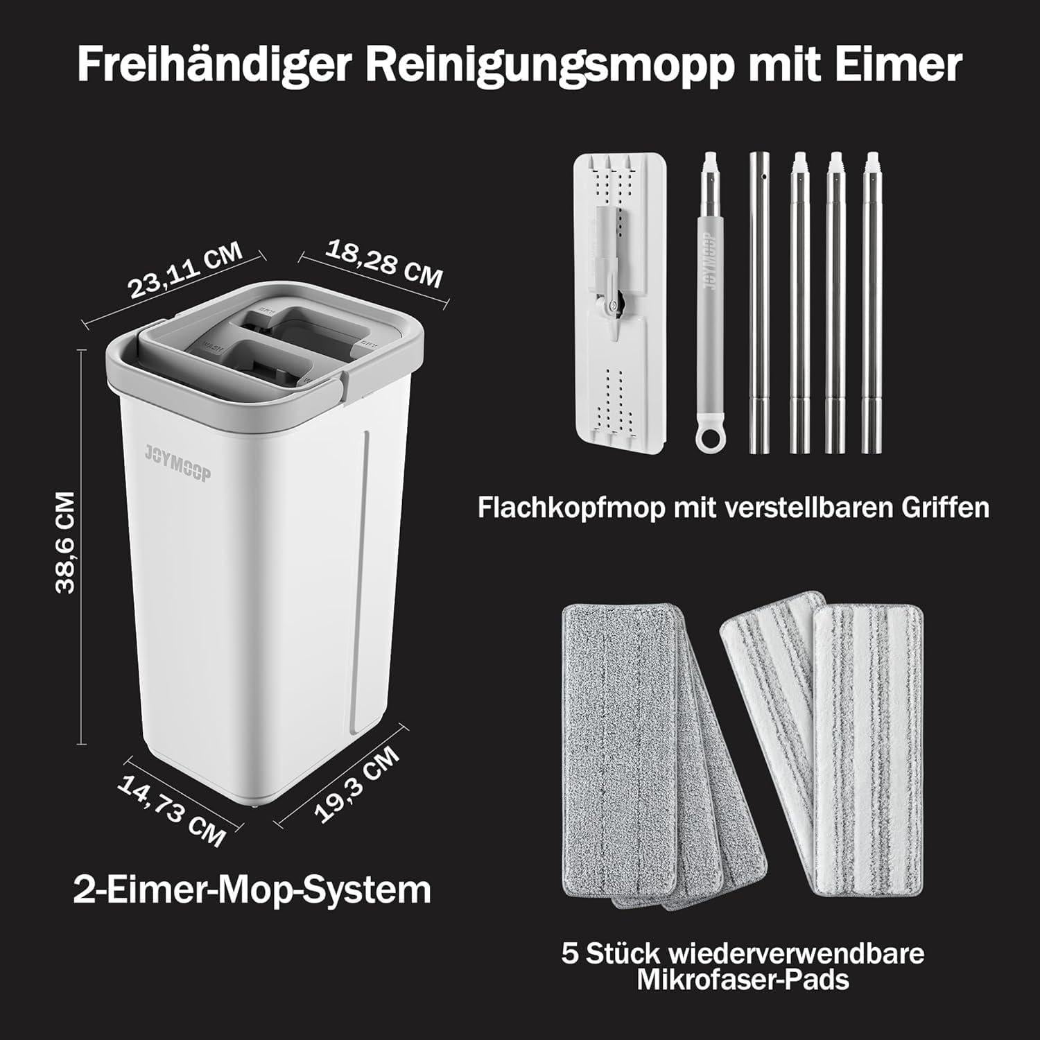 Flat Floor Mop Eimer Wringer Set 5 Mikrofaserpads Nass Trocken