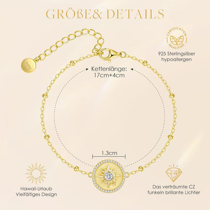 925 Sterling Silber Armband Damen mit Sonne Anhänger Geschenke Weihnachten