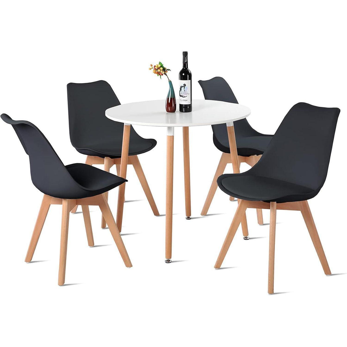 Essgruppe 5-teilig: Runder Tisch weiß & 4 schwarze Stühle