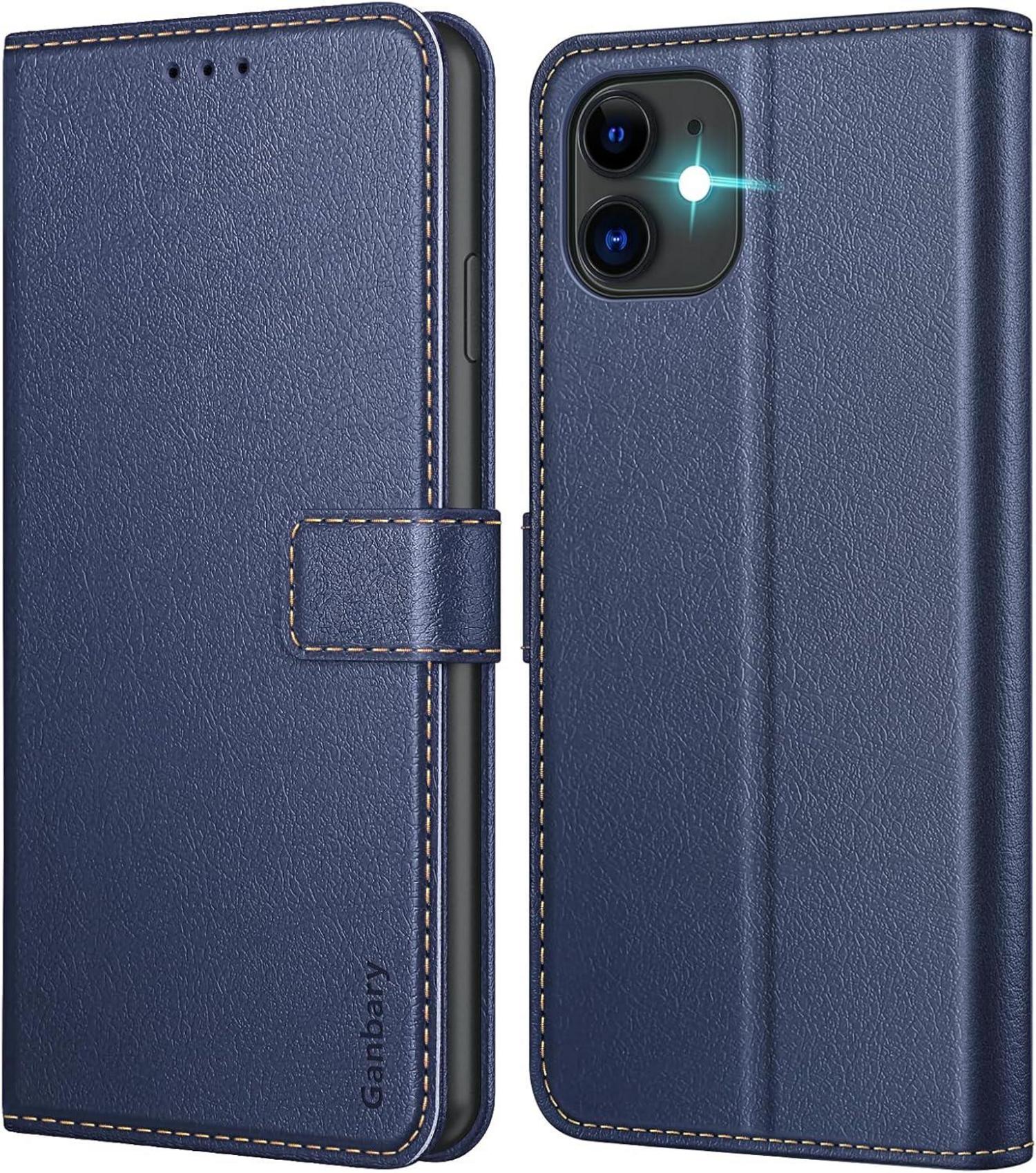 iPhone 11 Leder Handyhülle mit Kartenschlitzen und Standfunktion Blau