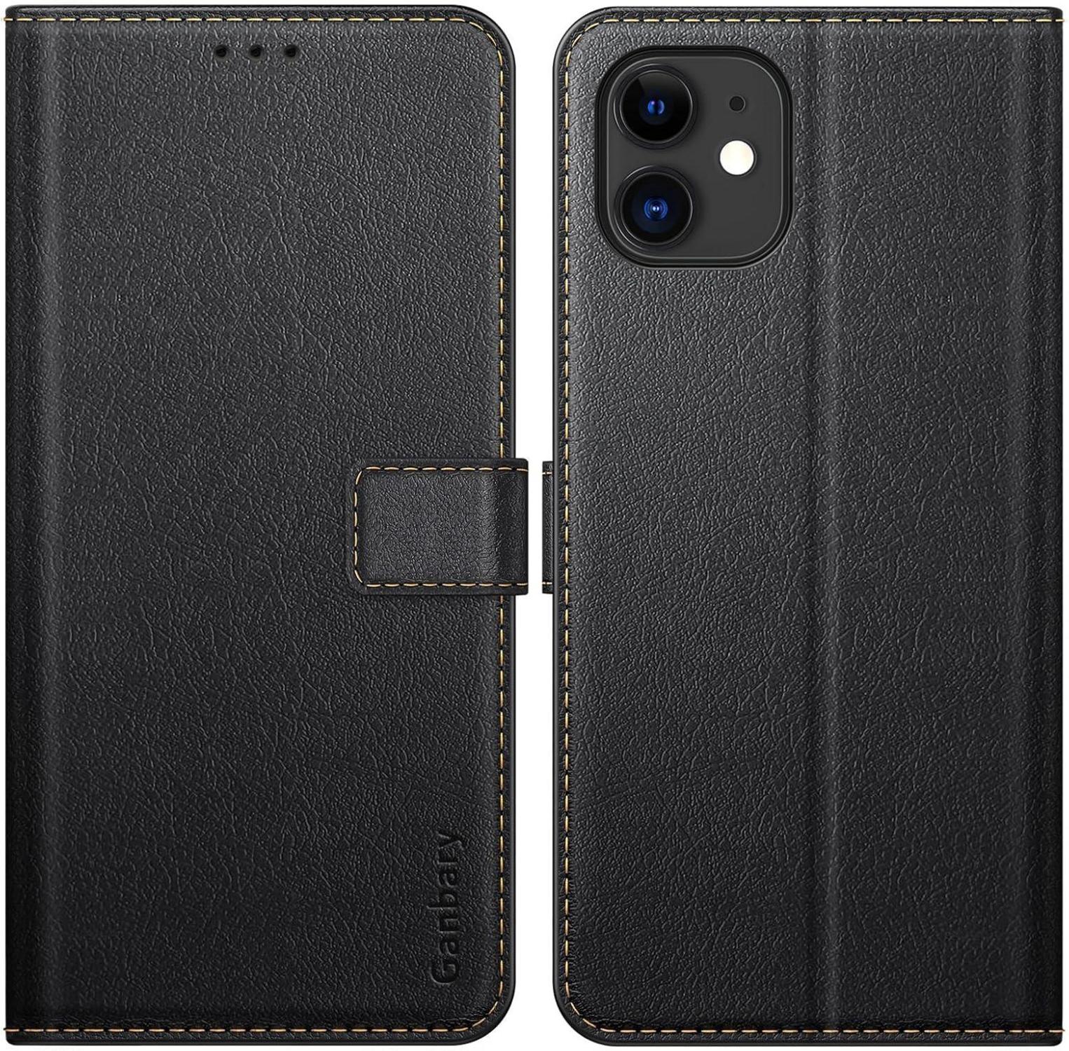 Ganbary iPhone 11 Leder Klapphülle mit Kartenschlitzen und Standfunktion, Schwarz
