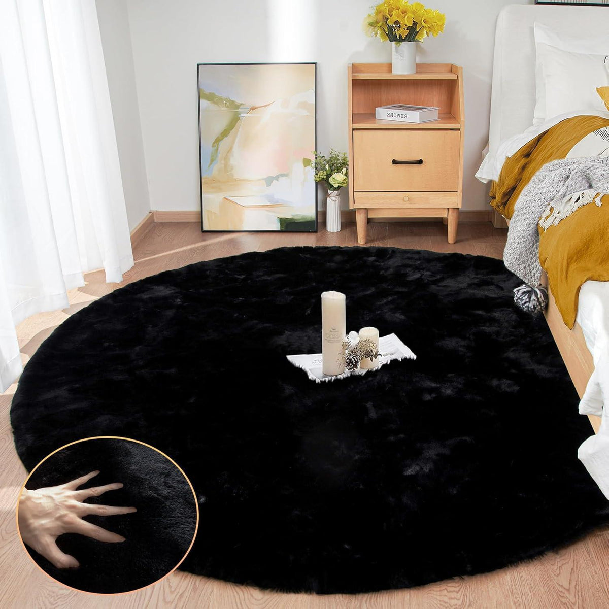 Runder Kunstfell Teppich 240 cm Schwarz – Flauschig & Waschbar