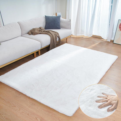 Flauschiger Teppich Weiß 120x180 cm – Waschbarer Kunstfell Wohnteppich