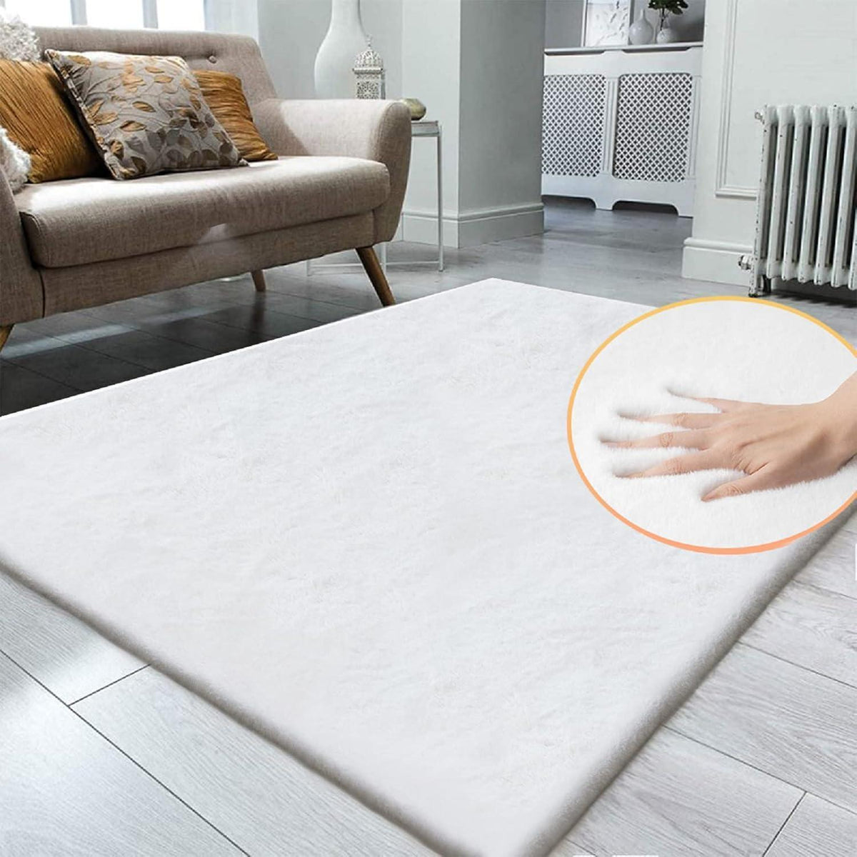 Flauschiger Teppich Weiß 120x180 cm – Waschbarer Kunstfell Wohnteppich