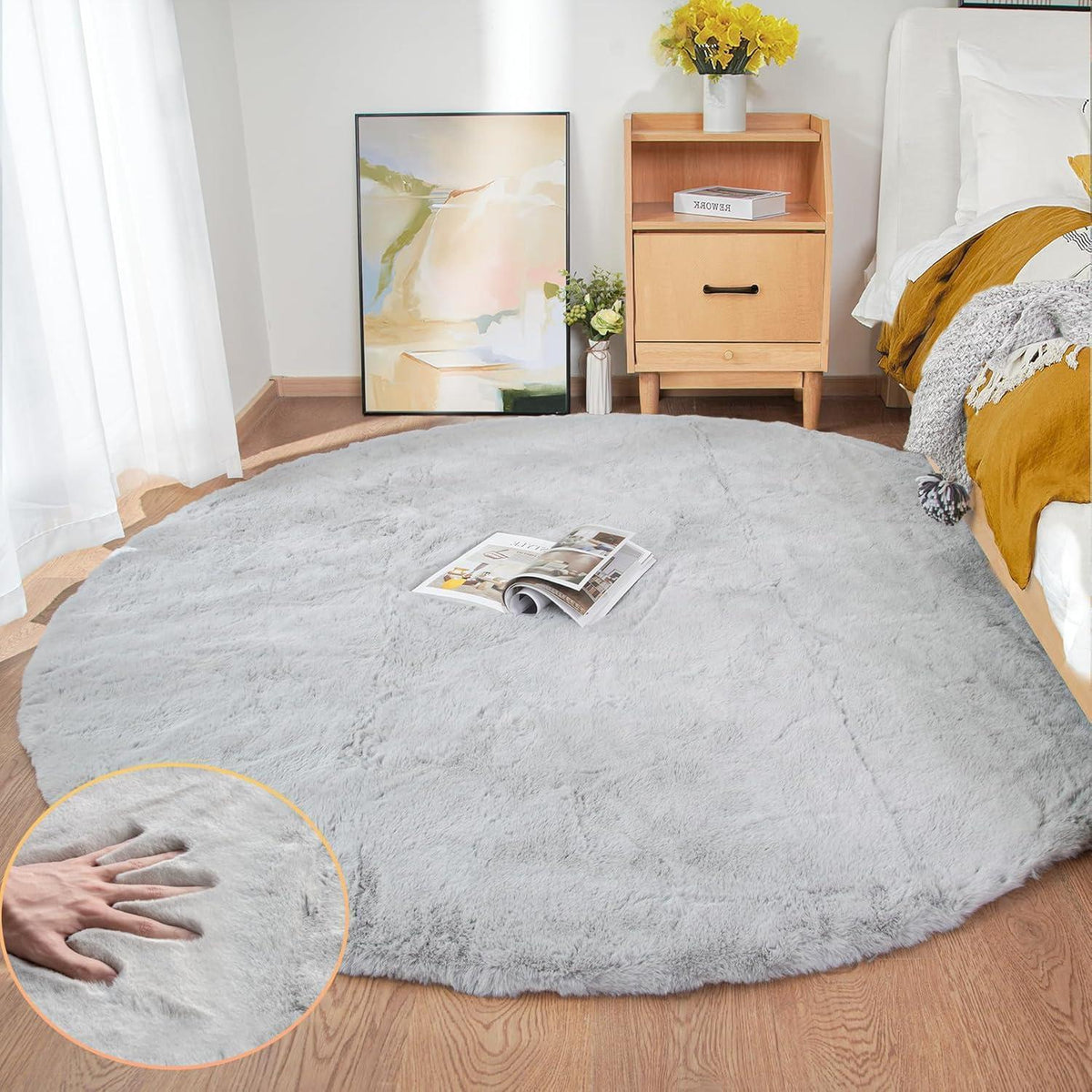 Runder Fellteppich Grau 150cm - Flauschiger Kunstfell Teppich