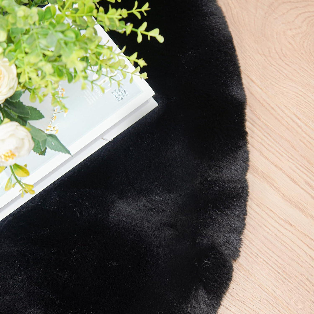Runder Flausch Teppich 180 cm Schwarz – Waschbarer Kunstfell Teppich