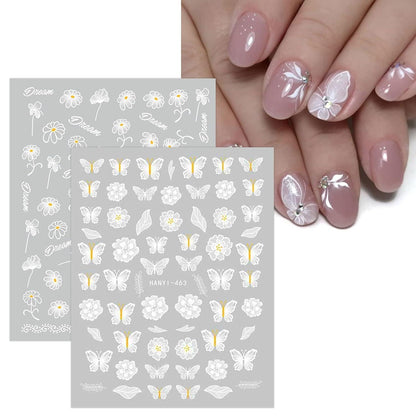 Frühlings-Nagelsticker: Weiße Blumen, Schmetterlinge & Blätter