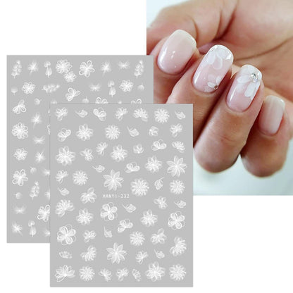 Frühlings-Nagelsticker: Weiße Blumen, Schmetterlinge & Blätter