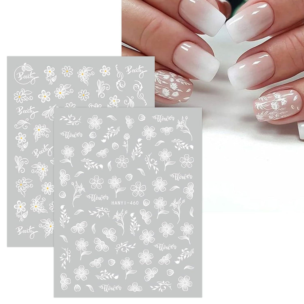 Frühlings-Nagelsticker: Weiße Blumen, Schmetterlinge & Blätter