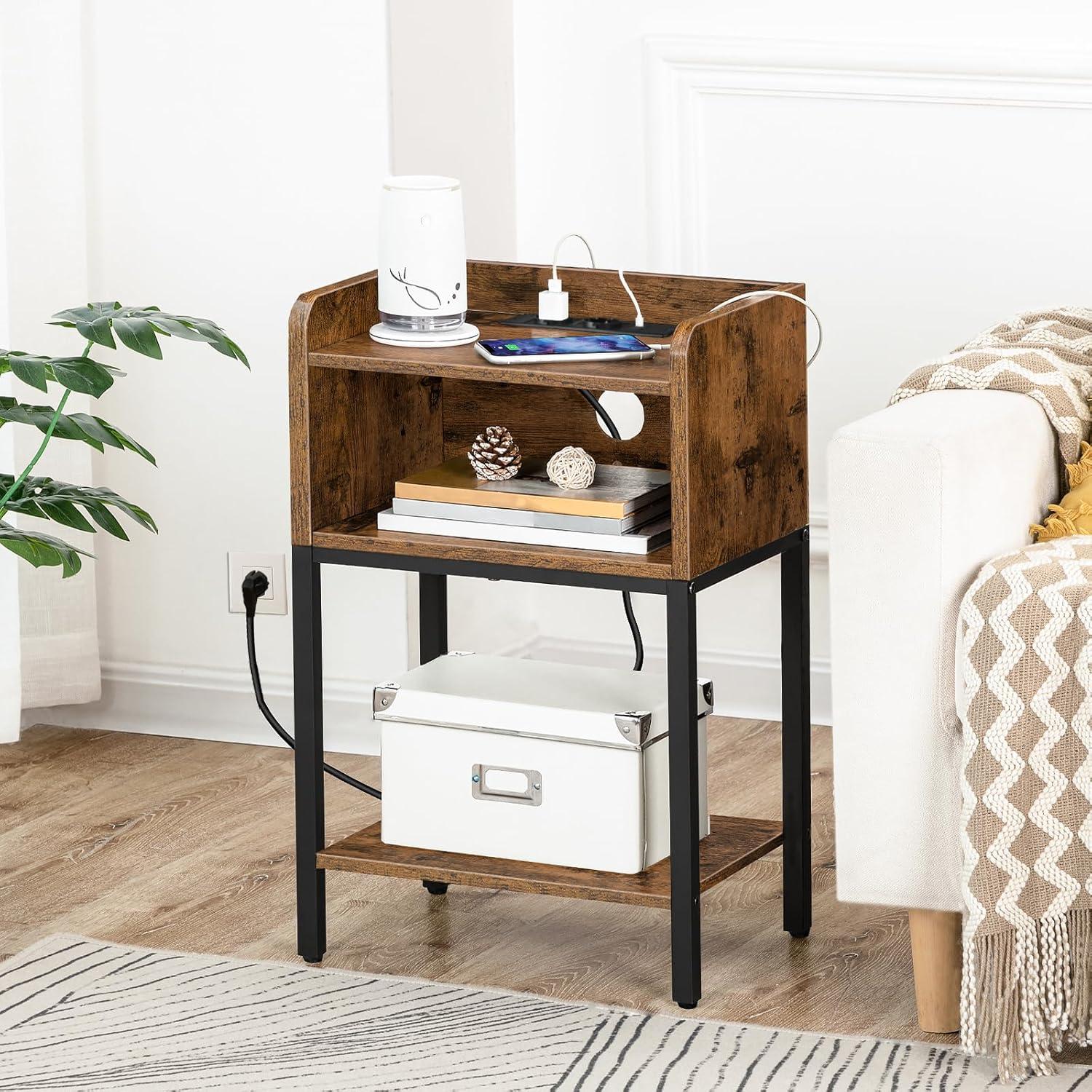 Nachttisch mit Ladestation und USB-Anschlüssen Vintagebraun/Schwarz