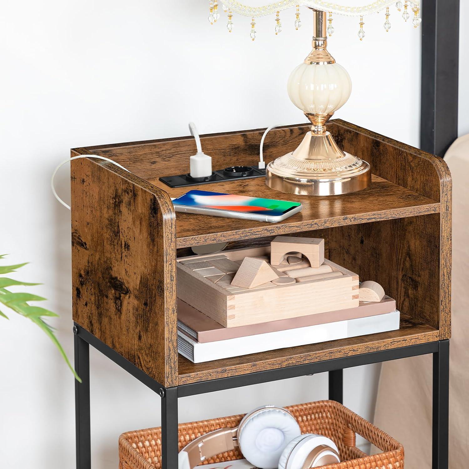 Nachttisch mit Ladestation und USB-Anschlüssen Vintagebraun/Schwarz